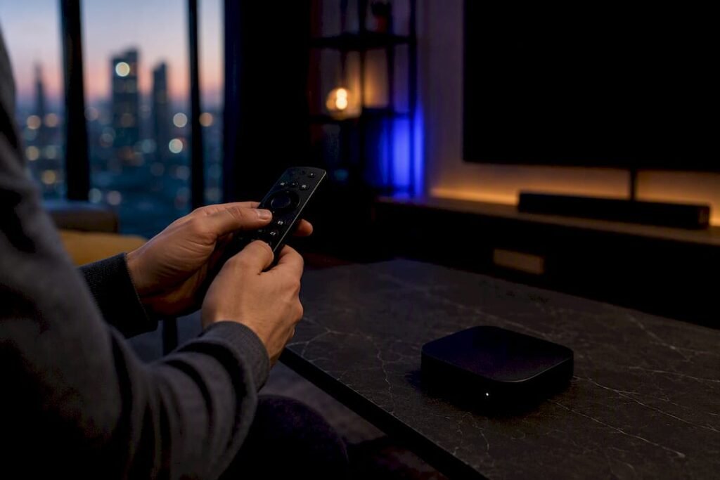 Hands holding streaming remote and Roku-like device