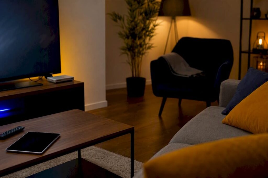 Living room with IPTV devices setup corner